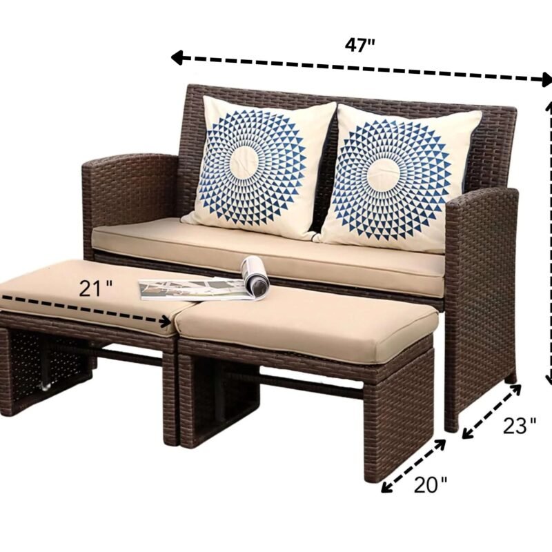 DEVOKO 3-Piece Wicker Patio Set with Ottoman for Comfort & Style (Dark Brown & Cream) - Image 2