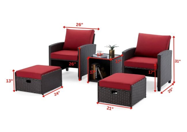 5-Piece Devoko Wicker Patio Furniture Set with Ottomans & Table (Dark Brown/Red) - Image 2