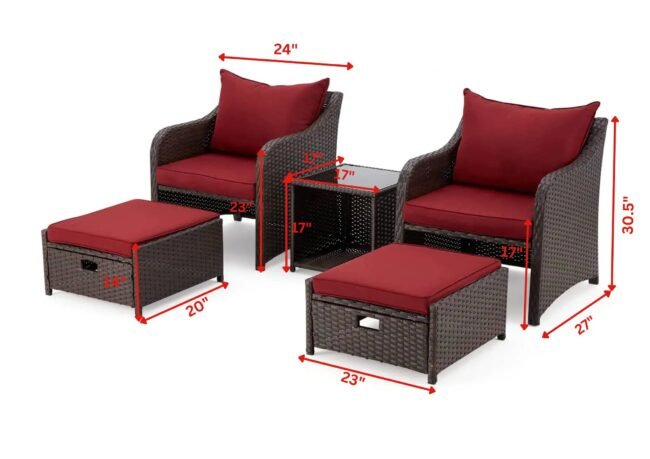 5-Piece Red Cushioned Rattan Patio Set: Dark Brown Elegance - Image 2