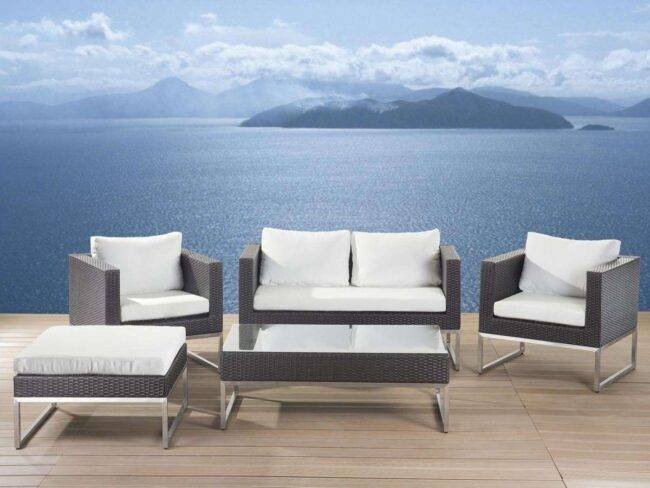 DEVOKO 5 PCS Outdoor Patio Sofa Set All-Weather Wicker & Coffee Table (Dark Brown & White)