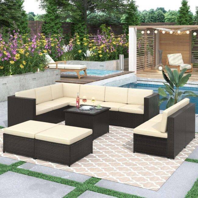 DEVOKO 7-Piece Outdoor Wicker Sectional Sofa with Thick Cushions(Dark Brown & Cream)