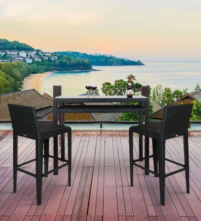 DEVOKO 3-Piece Wicker Outdoor Serving Bar Set Height Table With 2-Stools (Black)