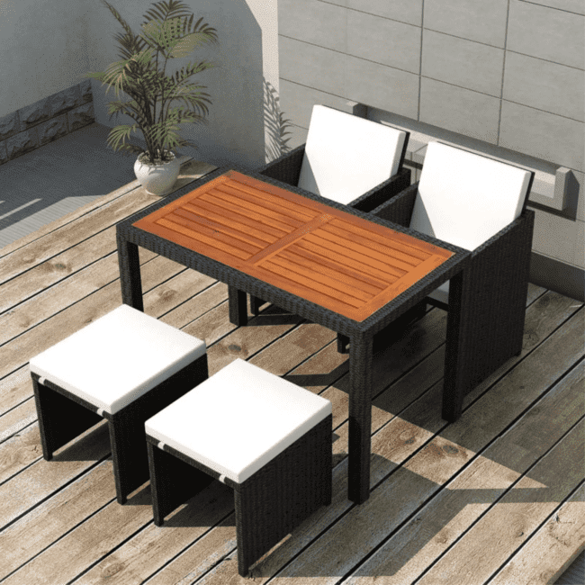 DEVOKO 5 Piece Rattan Wicker Patio Dining Set Furniture With Ottoman & Wood Top Table (Black & White)