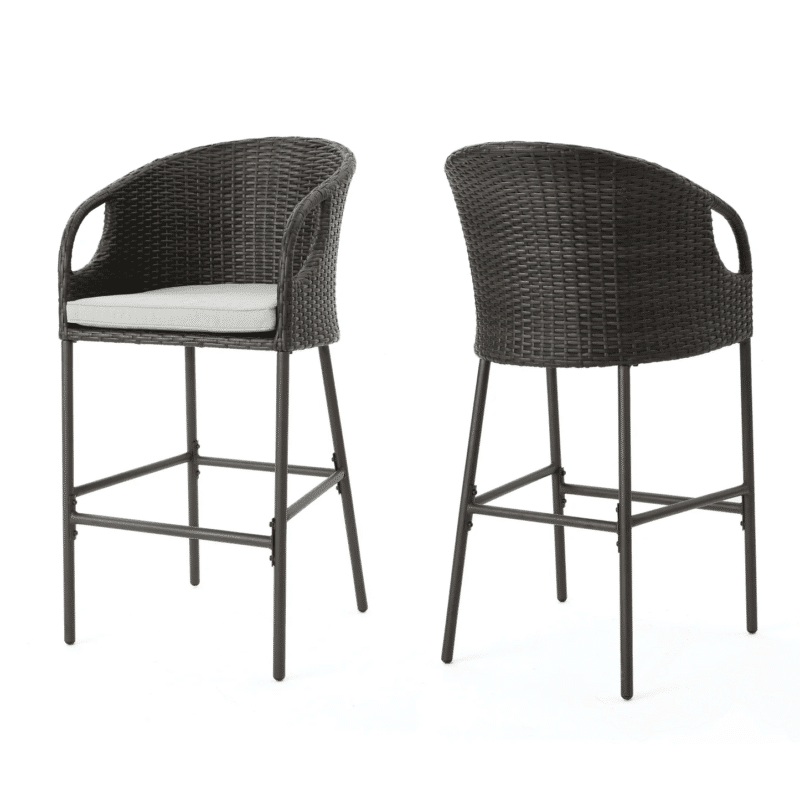 DEVOKO Outdoor Wicker Bar Stools Set of 2, Patio Rattan Furniture with Cushions(Dark Brown & Off-white) - Image 4
