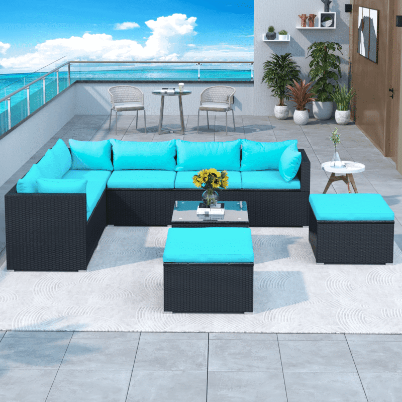 DEVOKO 5-Piece Outdoor Wicker Furniture Set Modern Outdoor L-Shaped Couch (Black & Turquois Blue) - Image 4