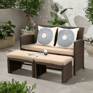 DEVOKO 3-Piece Wicker Patio Set with Ottoman for Comfort & Style (Dark Brown & Cream)