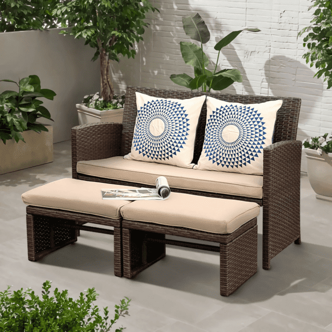 DEVOKO 3-Piece Wicker Patio Set with Ottoman for Comfort & Style (Dark Brown & Cream)