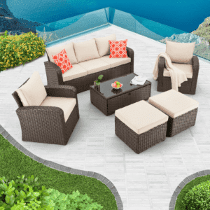 DEVOKO 6 Pieces Outdoor Wicker Dining Patio Furniture Sets with Ottoman(Dark Brown & Cream)