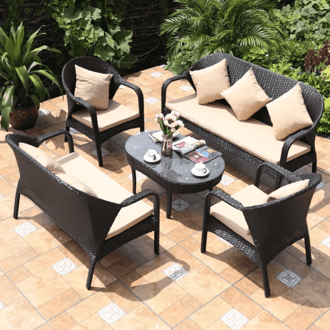 DEVOKO 5 PCS Outdoor Patio Rattan Wicker Furniture Sofa Set(Dark Brown & Cream)