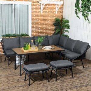 DEVOKO Outdoor Dining Sectional Sofa with Table and Chair, All Weather Rope Conversation Set