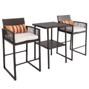 DEVOKO Patio 3 Piece Bar Set With Heighted Stools & Table For Outdoor & Indoor (Dark Brown & White)