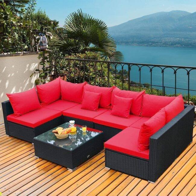 DEVOKO Patio Sectional Sofa Set (Black/Red)