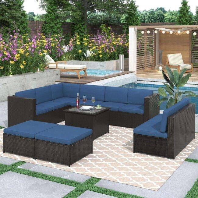 DEVOKO 7-Piece Outdoor Wicker Sectional Sofa with Thick Cushions(Dark Brown & Blue)