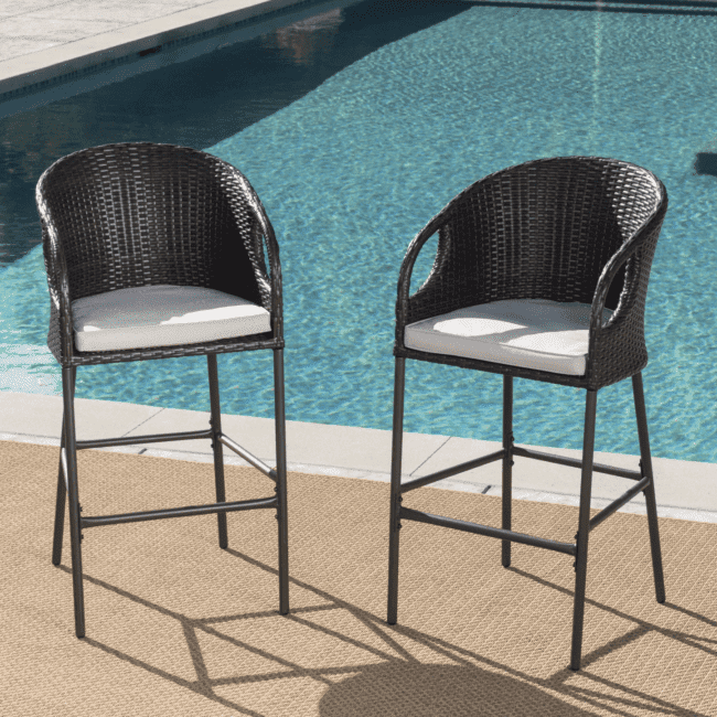 DEVOKO Outdoor Wicker Bar Stools Set of 2, Patio Rattan Furniture with Cushions(Dark Brown & Off-white)