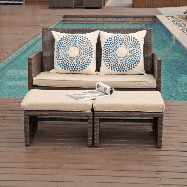 DEVOKO 3-Piece Wicker Patio Set with Ottoman for Comfort & Style (Dark Brown & Cream) - Image 3