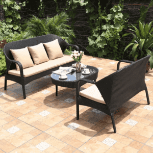 DEVOKO 3 PCS Outdoor Patio Rattan Wicker Furniture Sofa Set(Dark Brown & Cream)
