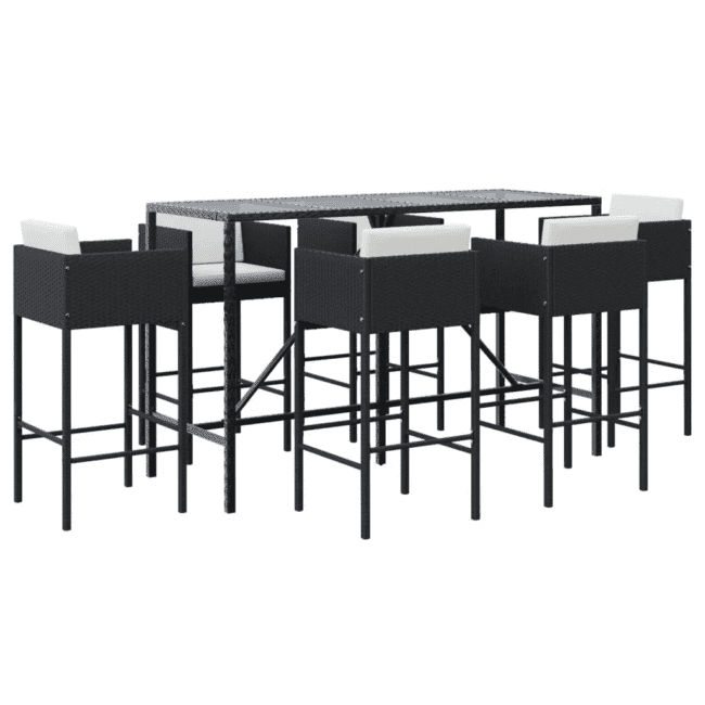 DEVOKO 7 Piece Outdoor Wicker Dining Bar Set Patio Furniture Stools with Cushions(Black & White) - Image 6