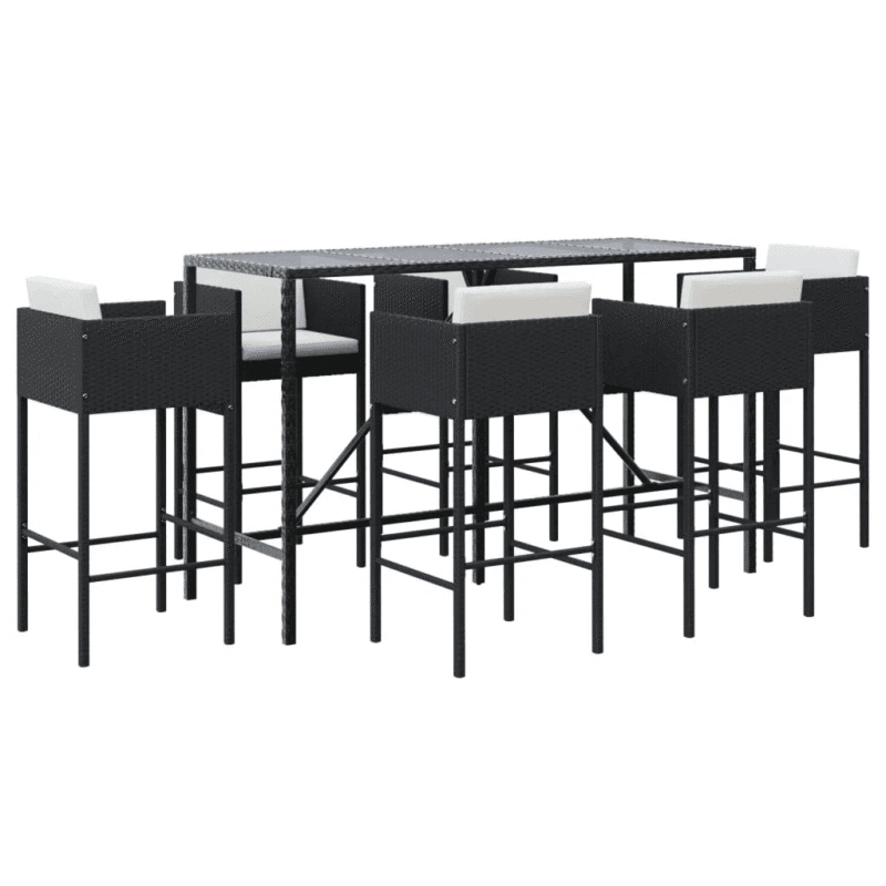 DEVOKO 7 Piece Outdoor Wicker Dining Bar Set Patio Furniture Stools with Cushions(Black & White) - Image 6