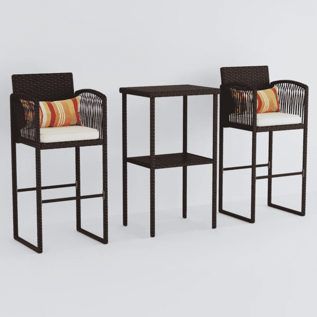 DEVOKO Patio 3 Piece Bar Set With Heighted Stools & Table For Outdoor & Indoor (Dark Brown & White) - Image 3