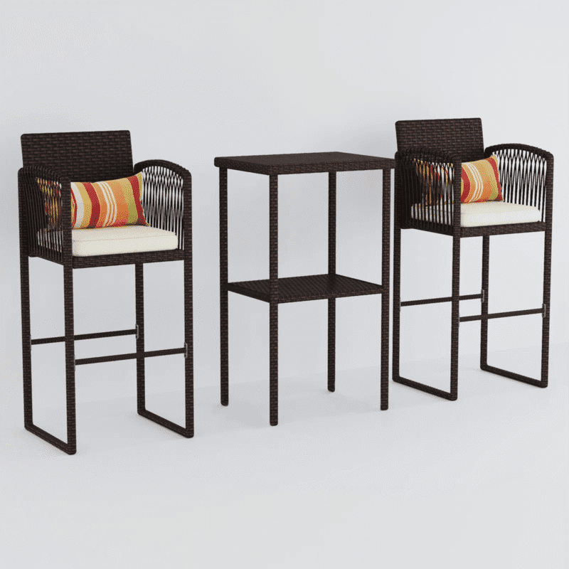DEVOKO Patio 3 Piece Bar Set With Heighted Stools & Table For Outdoor & Indoor (Dark Brown & White) - Image 3