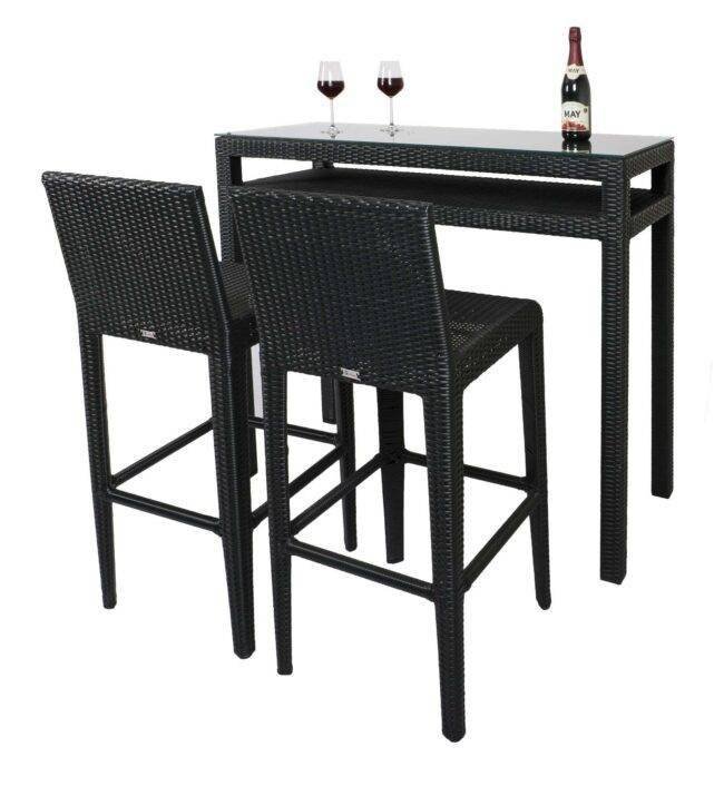 DEVOKO 3-Piece Wicker Outdoor Serving Bar Set Height Table With 2-Stools (Black) - Image 3