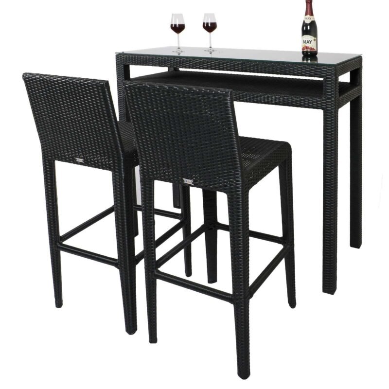 DEVOKO 3-Piece Wicker Outdoor Serving Bar Set Height Table With 2-Stools (Black) - Image 3