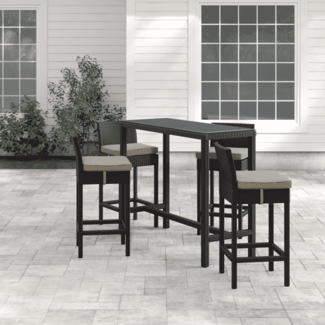 DEVOKO 5 Piece Patio Wicker Dining Bar Set Outdoor Rattan Furniture with Rectangle Table and Chairs (Dark Brown & Beige) - Image 3