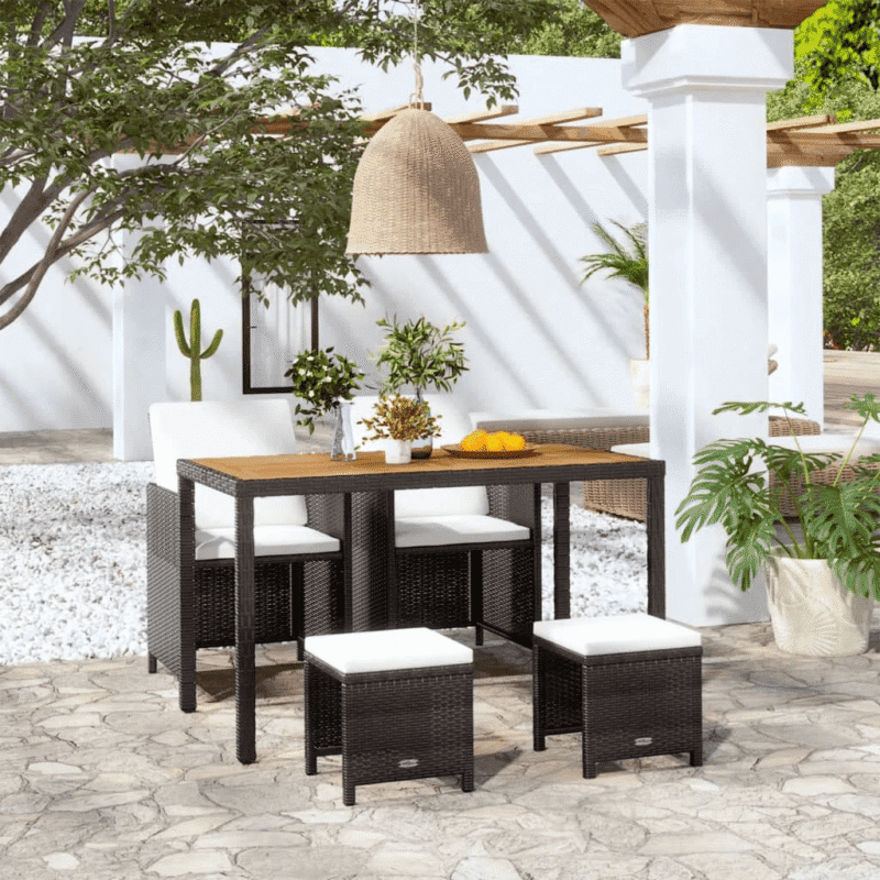 DEVOKO 5 Piece Rattan Wicker Patio Dining Set Furniture With Ottoman & Wood Top Table (Black & White) - Image 7