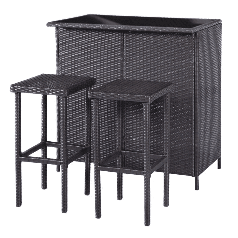 DEVOKO 3 Piece Wicker Patio Outdoor Bar Set With Table & 2 Stools (Dark Brown) - Image 6