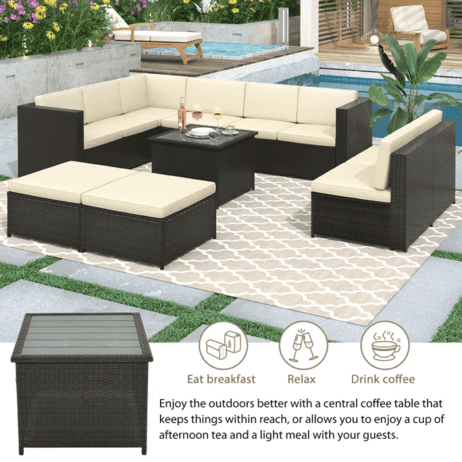 DEVOKO 7-Piece Outdoor Wicker Sectional Sofa with Thick Cushions(Dark Brown & Cream) - Image 3