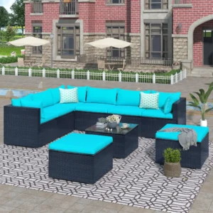 DEVOKO 5-Piece Outdoor Wicker Furniture Set Modern Outdoor L-Shaped Couch (Black & Turquois Blue)