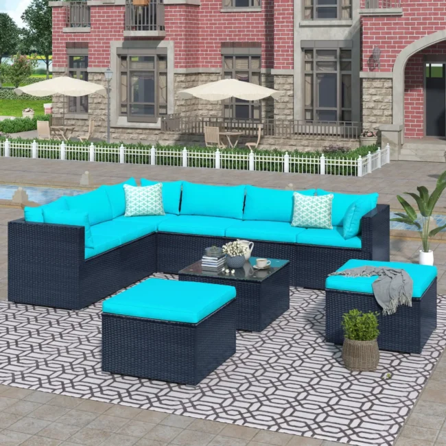 DEVOKO 5-Piece Outdoor Wicker Furniture Set Modern Outdoor L-Shaped Couch (Black & Turquois Blue)