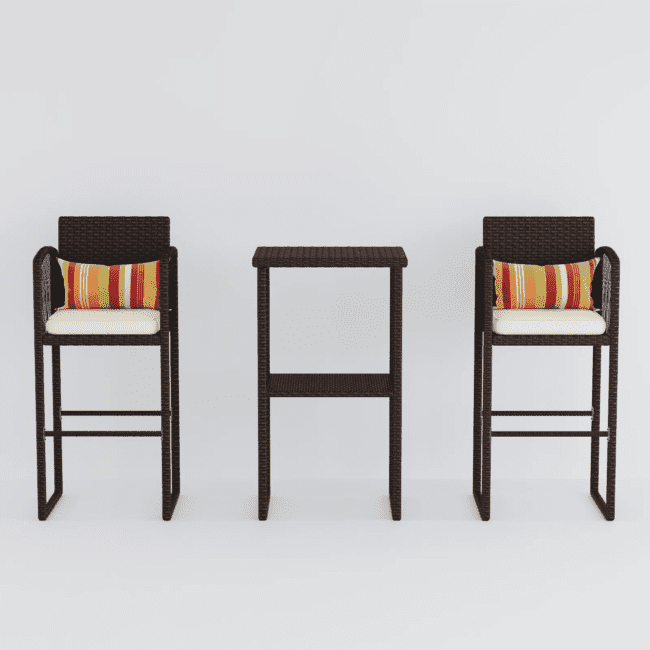DEVOKO Patio 3 Piece Bar Set With Heighted Stools & Table For Outdoor & Indoor (Dark Brown & White) - Image 4