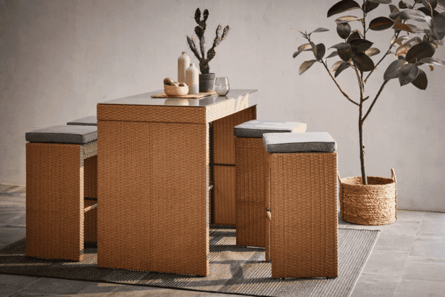 DEVOKO 5-Piece Wicker Counter Height Dining Bar Set with Stools and Glass Table for Backyard(Beige & Grey) - Image 3
