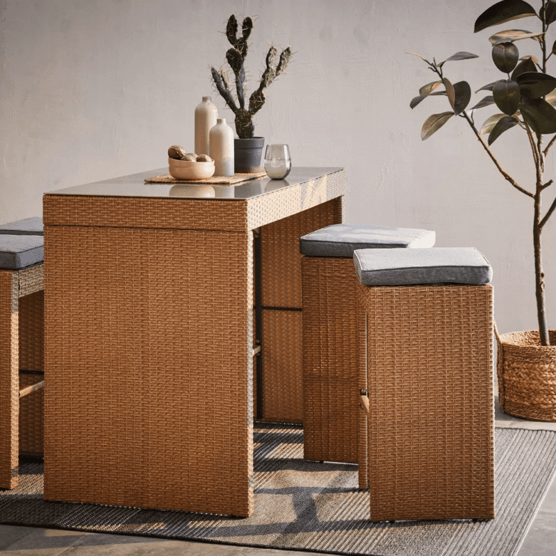 DEVOKO 5-Piece Wicker Counter Height Dining Bar Set with Stools and Glass Table for Backyard(Beige & Grey) - Image 3
