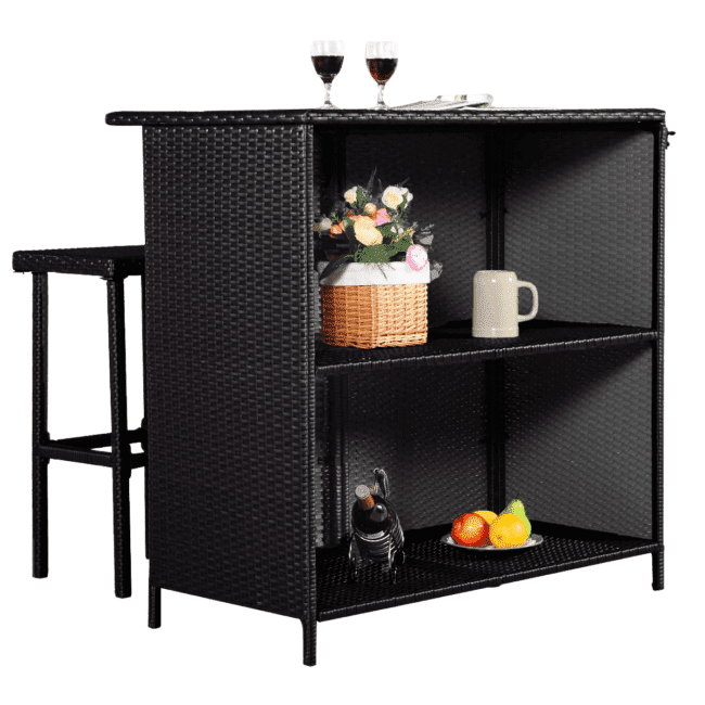 DEVOKO 3 Piece Wicker Patio Outdoor Bar Set With Table & 2 Stools (Dark Brown) - Image 3
