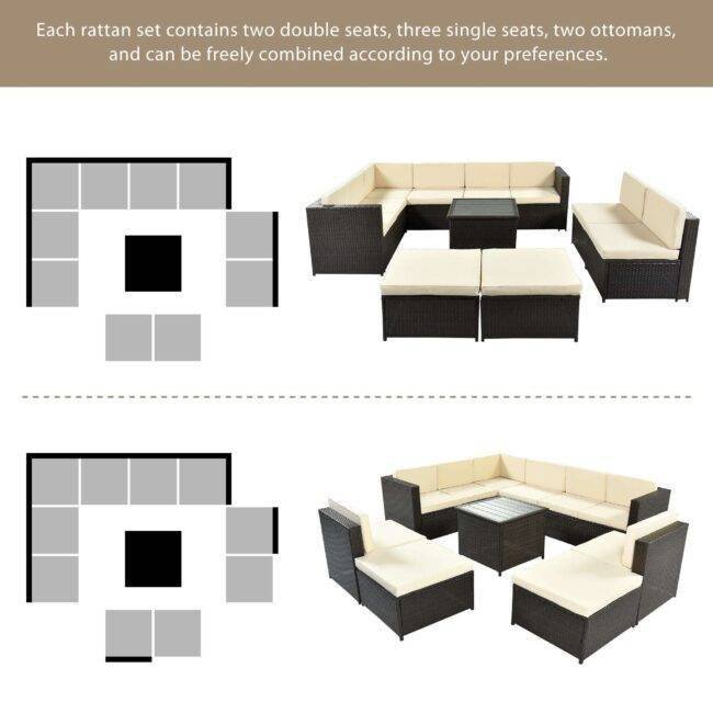 DEVOKO 7-Piece Outdoor Wicker Sectional Sofa with Thick Cushions(Dark Brown & Cream) - Image 4