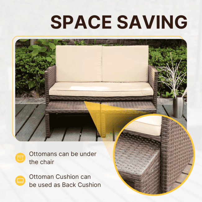 DEVOKO 3-Piece Wicker Patio Set with Ottoman for Comfort & Style (Dark Brown & Cream) - Image 4