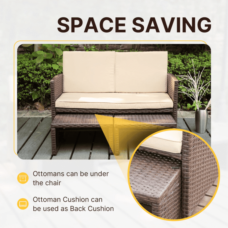 DEVOKO 3-Piece Wicker Patio Set with Ottoman for Comfort & Style (Dark Brown & Cream) - Image 4