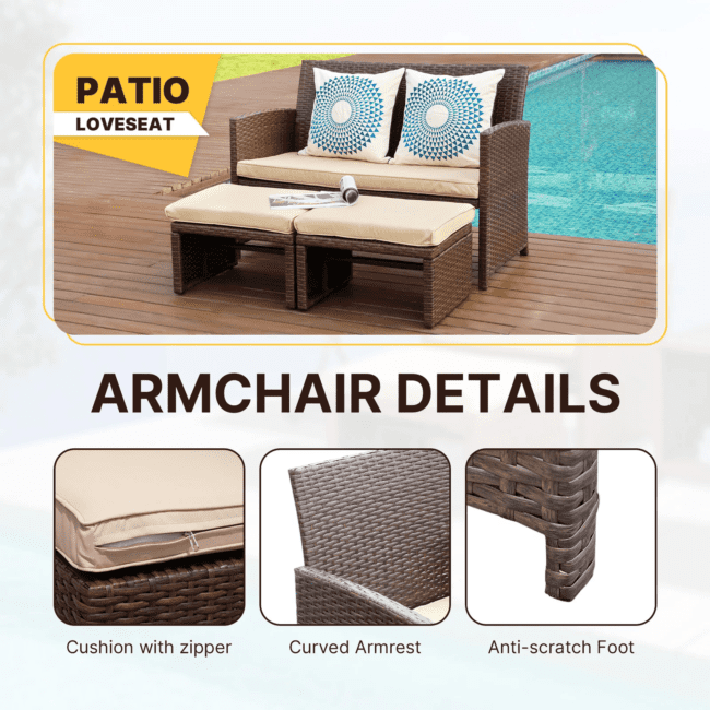 DEVOKO 3-Piece Wicker Patio Set with Ottoman for Comfort & Style (Dark Brown & Cream) - Image 5