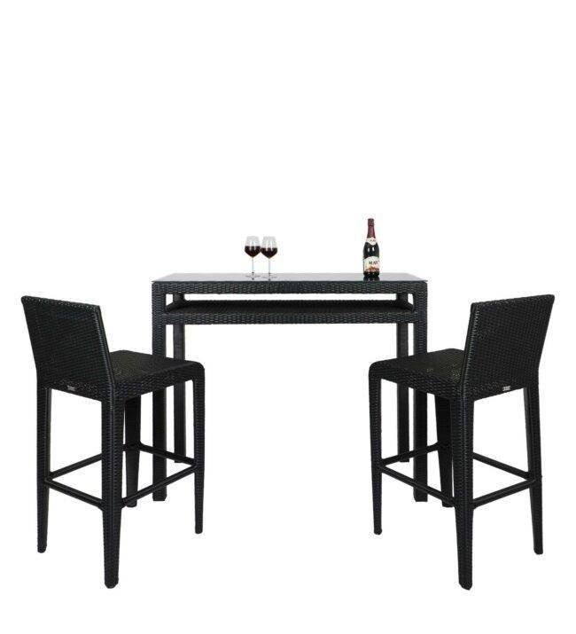DEVOKO 3-Piece Wicker Outdoor Serving Bar Set Height Table With 2-Stools (Black) - Image 4