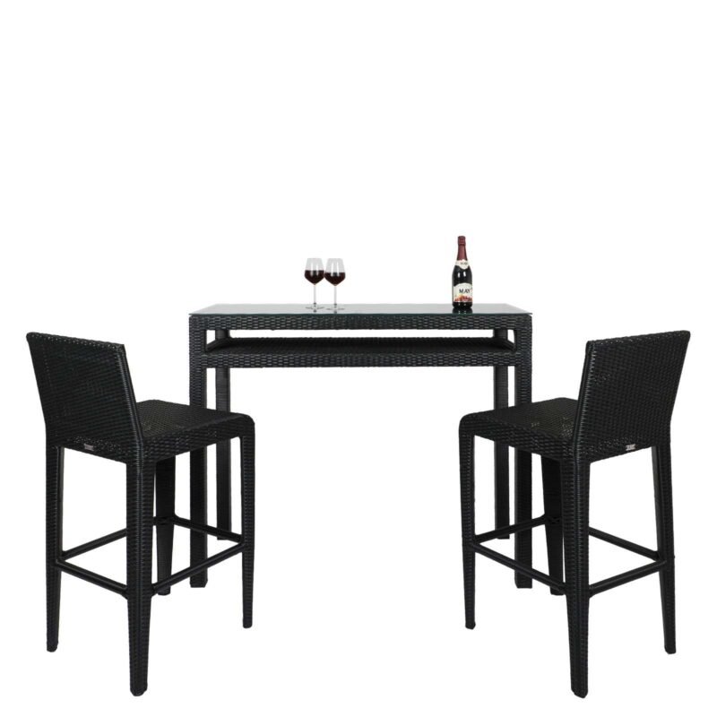 DEVOKO 3-Piece Wicker Outdoor Serving Bar Set Height Table With 2-Stools (Black) - Image 4