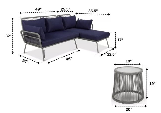 DEVOKO L-Shaped Outdoor Sofa Set with Rope Woven Design - Grey & Navy-blue - Image 2