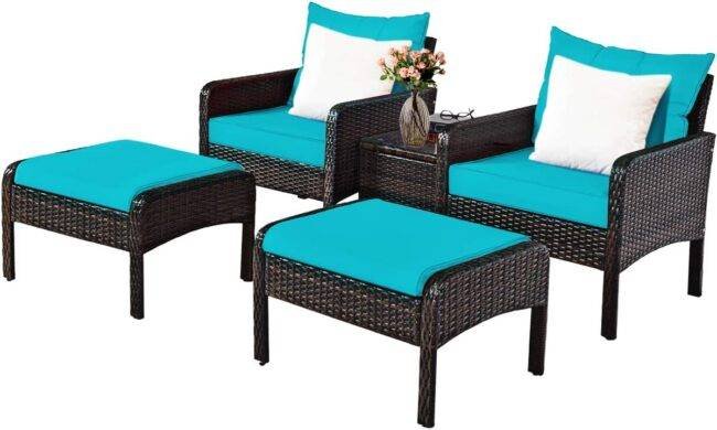 Devoko 5-Piece Wicker Patio Furniture Set with Ottomans & Coffee Table (Dark Brown/Sky Blue) - Image 3