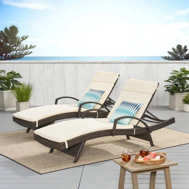 DEVOKO Rattan Sun Lounger Set - Dark Brown/Cream, Adjustable Backrest, Cushion - Beach, Lawn, Patio Relaxation