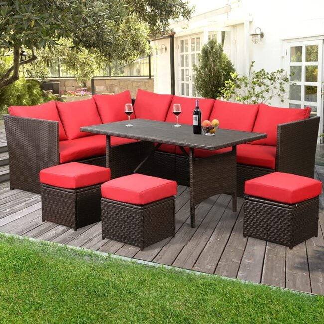 DEVOKO 6-Piece Wicker Patio Furniture Set (Dark Brown & Red)