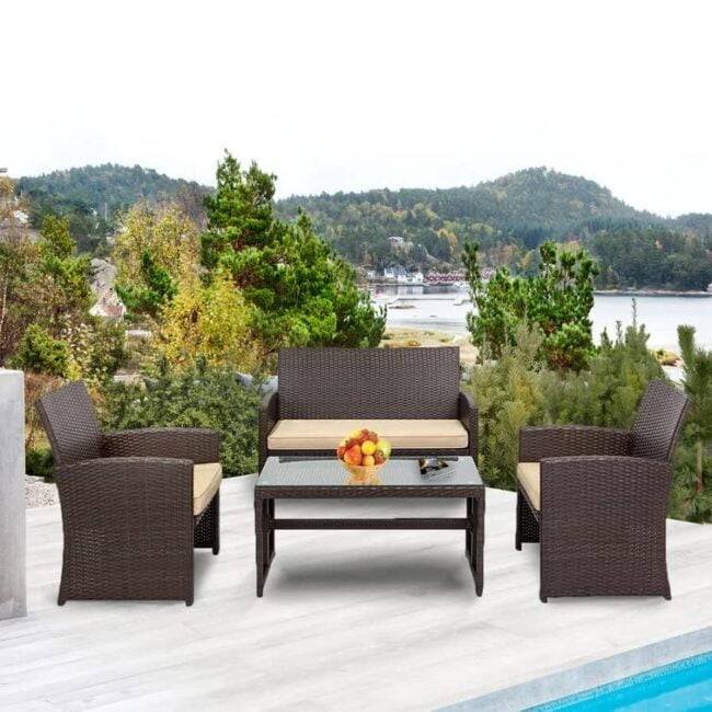 4-Piece Dark Brown Rattan Patio Furniture Set With Cream Cushion