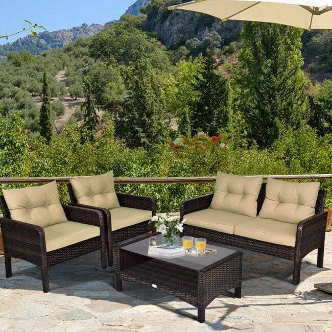 DEVOKO 4pc Outdoor Rattan Wicker Patio Set (Dark Brown & Cream)