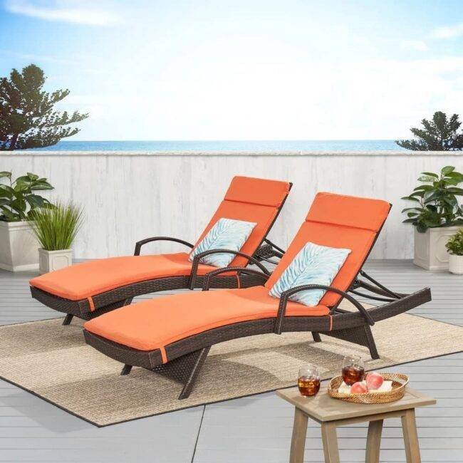 Devoko Rattan Sun Lounger Chair Set - Dark Brown/Orange, Adjustable, 2-Pack