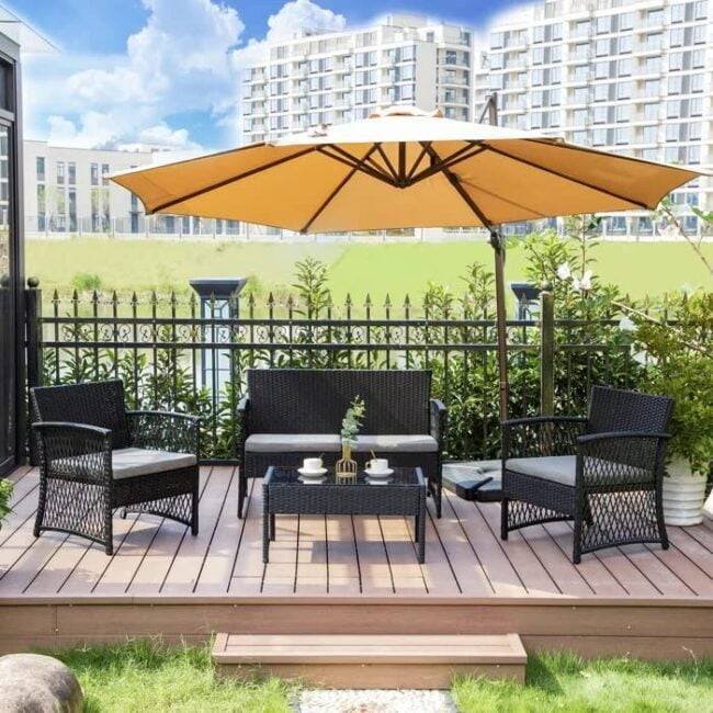 DEVOKO Rattan Patio Furniture Set: Loveseat, 2 Chairs, Table (Black/Grey)